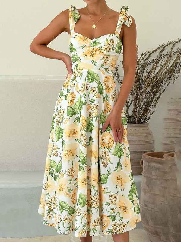 Floral Suspender Midi Dress – Lightweight Woven Polyester, Summer Casual Style Yellow
