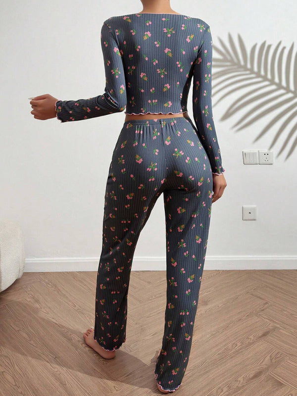 Women's Soft Knit Lounge Set – Printed Long Sleeve Top & Full-Length Pants