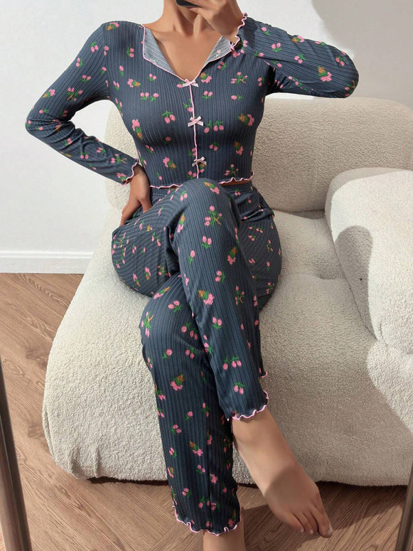 Women's Soft Knit Lounge Set – Printed Long Sleeve Top & Full-Length Pants