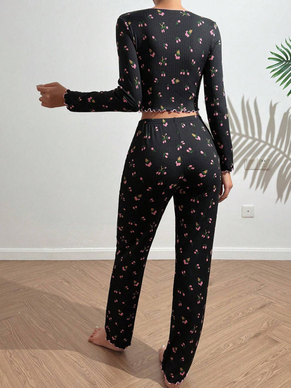 Women's Soft Knit Lounge Set – Printed Long Sleeve Top & Full-Length Pants