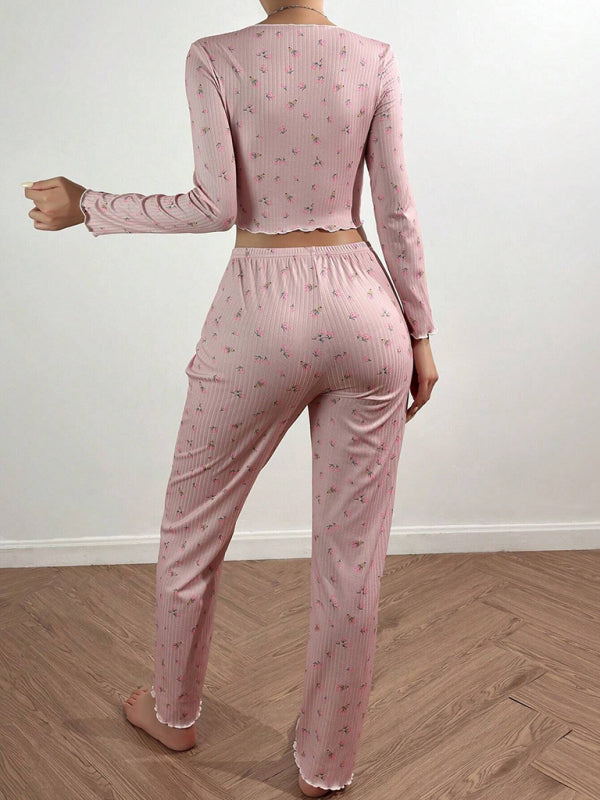 Women's Soft Knit Lounge Set – Printed Long Sleeve Top & Full-Length Pants
