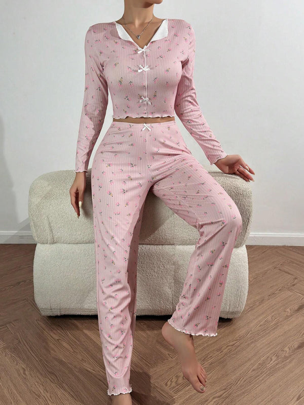 Women's Soft Knit Lounge Set – Printed Long Sleeve Top & Full-Length Pants