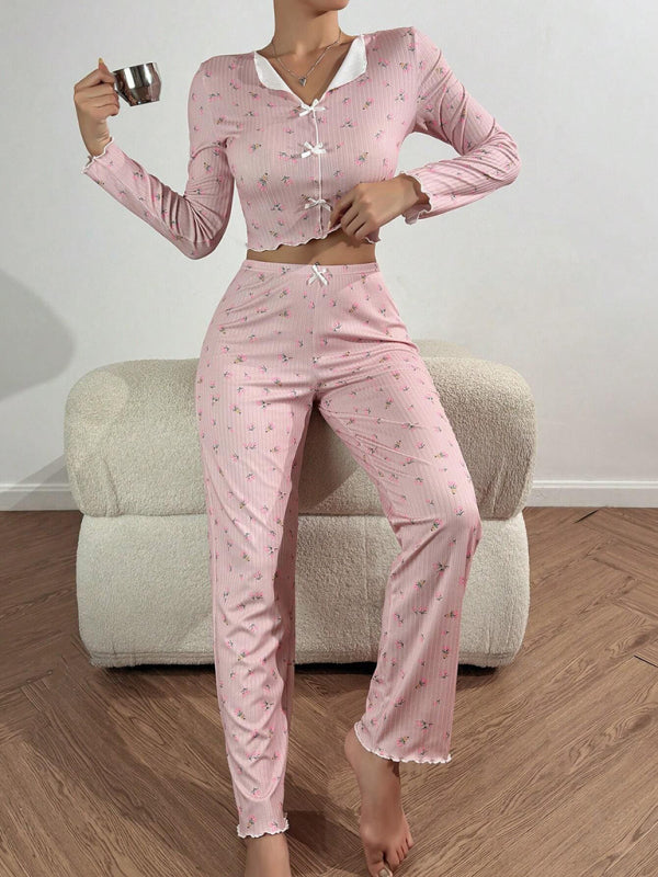 Women's Soft Knit Lounge Set – Printed Long Sleeve Top & Full-Length Pants