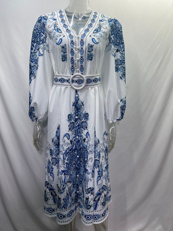 Bohemian V-Neck Long Sleeve Midi Dress