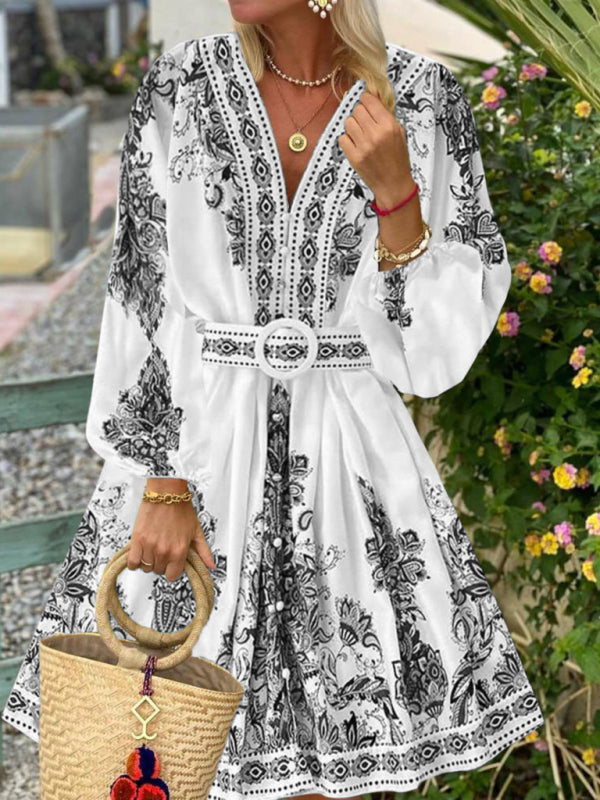 Bohemian V-Neck Long Sleeve Midi Dress