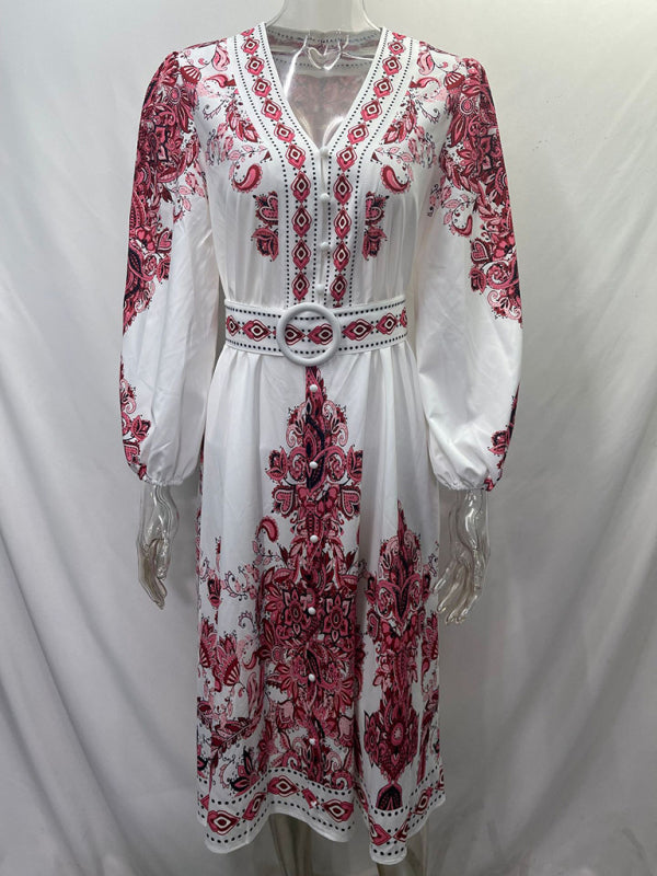 Bohemian V-Neck Long Sleeve Midi Dress