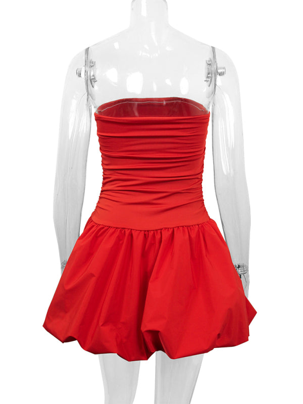 Off-Shoulder Sleeveless Tube Mini Dress – Red Knit Romantic Fit