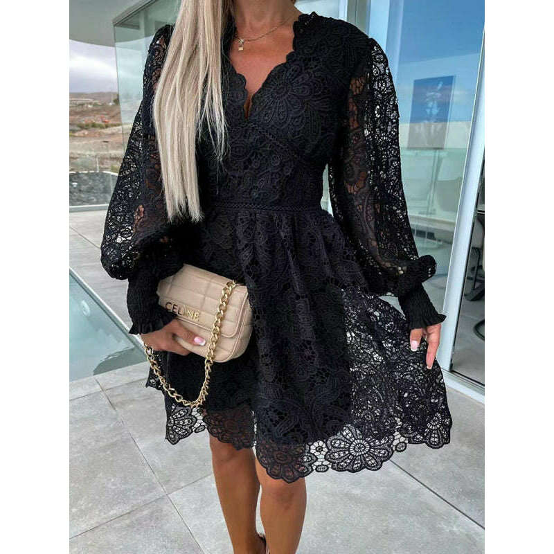 فستان ميدي بتصميم دانتيل مجوف – أسلوب أنيق لأربعة فصول باللون الوردي والأبيض والأسود ابتسامة ماريا - كل شيء للنساء 34646898