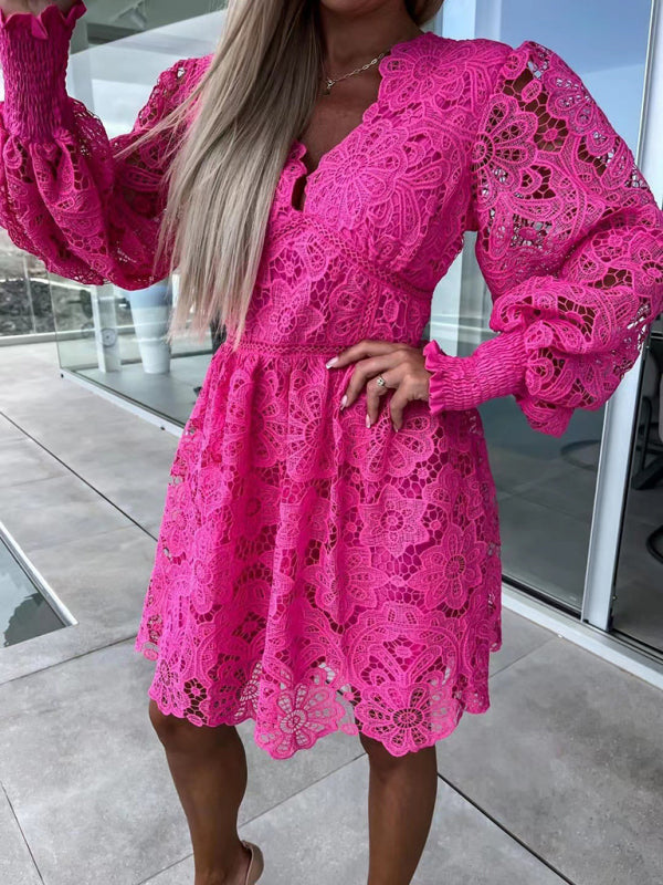 Lace Hollow Midi Dress – Elegant Four-Season Style in Rose, White & Black