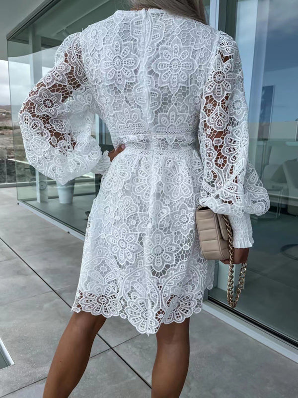Lace Hollow Midi Dress – Elegant Four-Season Style in Rose, White & Black