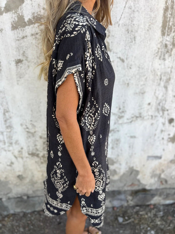 Cotton-Linen Shirt Dress – Relaxed Fit Midi with Lapel Collar & Pockets