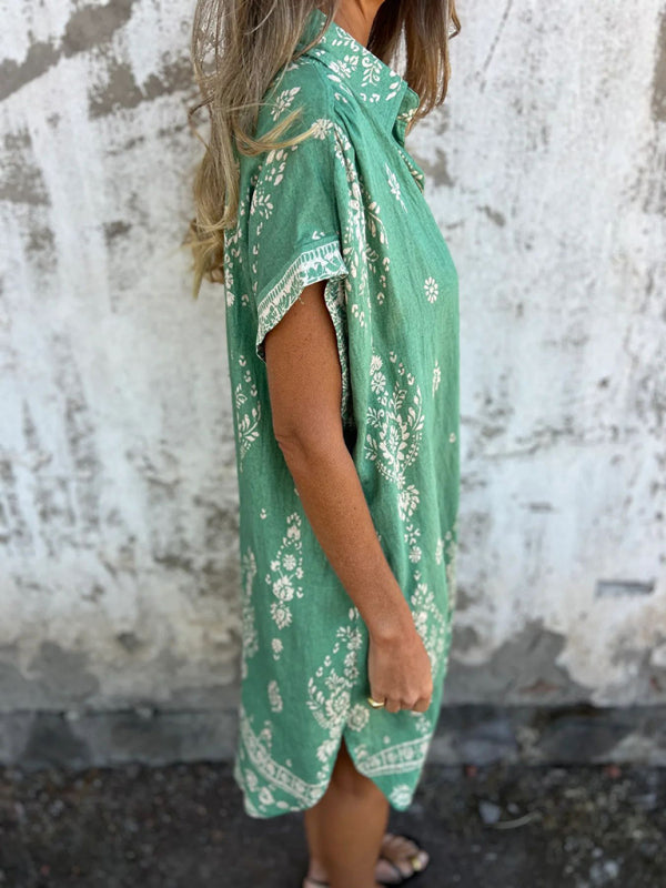 Cotton-Linen Shirt Dress – Relaxed Fit Midi with Lapel Collar & Pockets