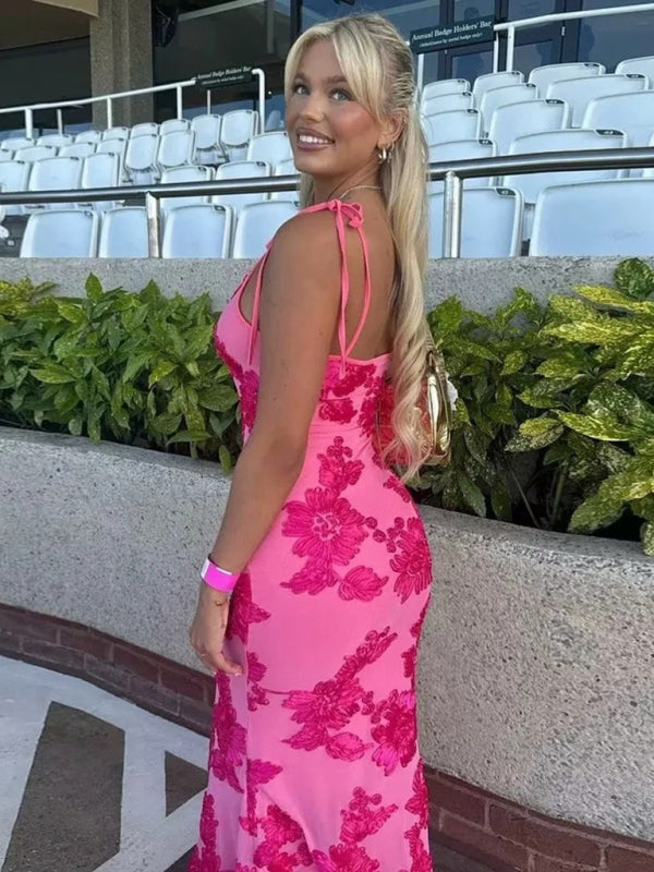 Embroidered Suspender Holiday Maxi Dress – Rose Knit, Romantic Fit