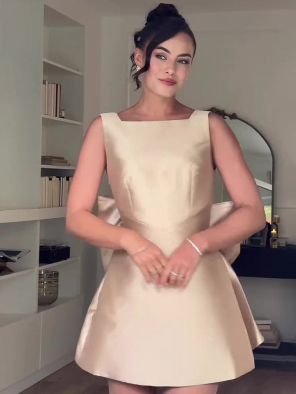 Satin Backless High Waist Dress with Bow Detail