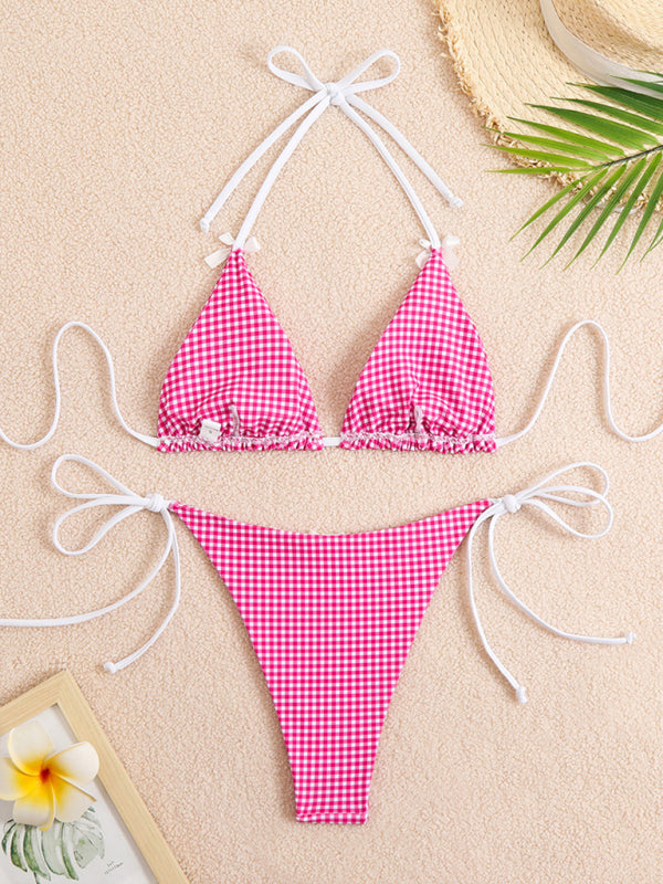 Plaid Lace-Up Bikini – Multi-Color Two-Piece Set with Adjustable Fit