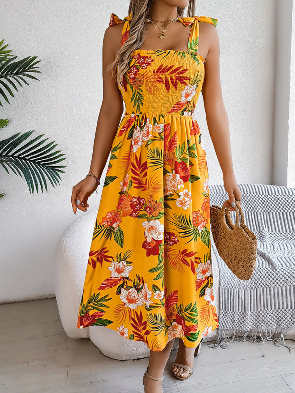Tropical Flower Tie-Waist Suspender Maxi Dress – Vacation-Ready Beach Look