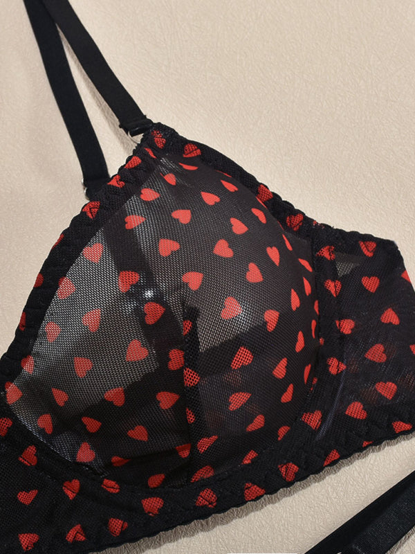 Heart Print Sheer Lingerie Set – Sexy 3-Piece Valentine's Day Look