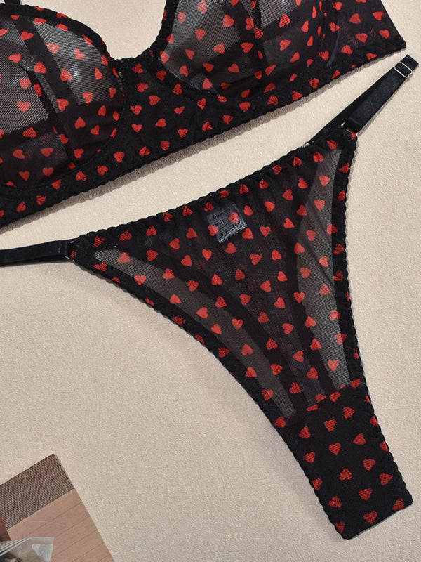 Heart Print Sheer Lingerie Set – Sexy 3-Piece Valentine's Day Look