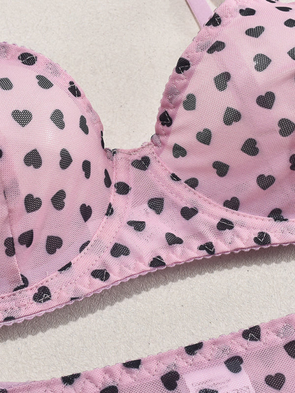 Heart Print Sheer Lingerie Set – Sexy 3-Piece Valentine's Day Look