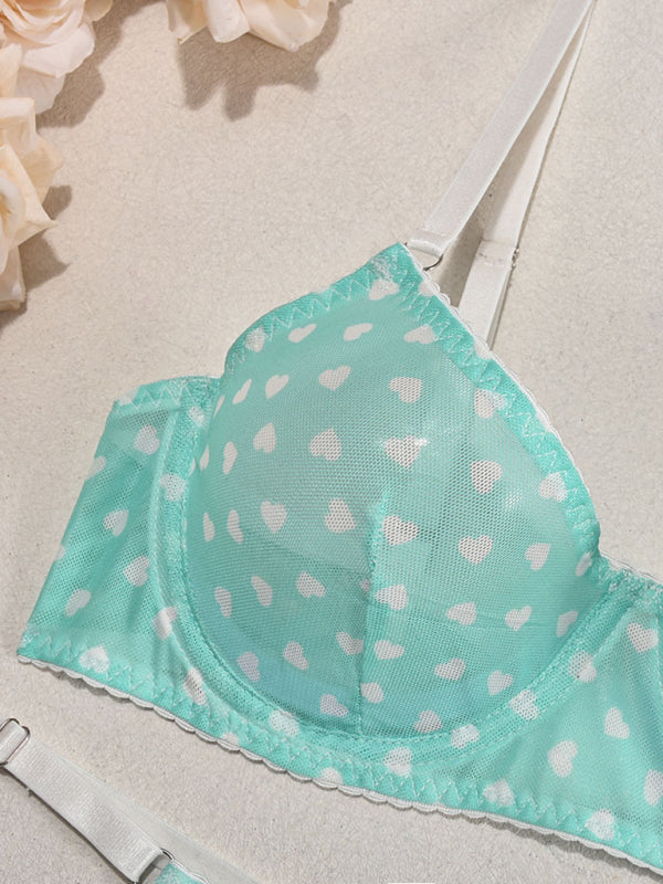 Heart Print Sheer Lingerie Set – Sexy 3-Piece Valentine's Day Look
