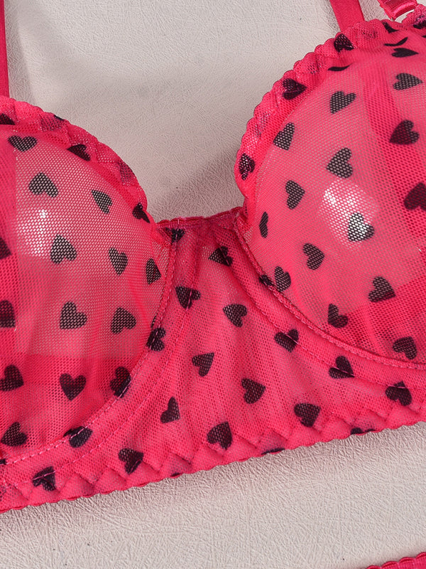 Heart Print Sheer Lingerie Set – Sexy 3-Piece Valentine's Day Look