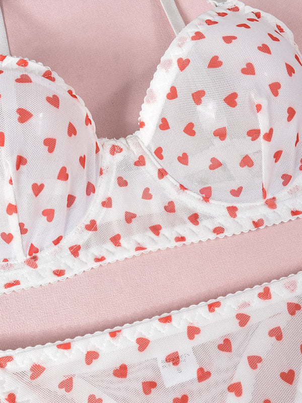 Heart Print Sheer Lingerie Set – Sexy 3-Piece Valentine's Day Look