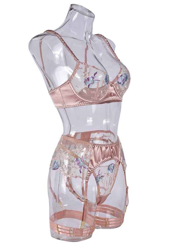 Embroidered High-Stretch Lingerie Set – 4-Piece Matching Bra, Panty, Garter & Sheer Robe