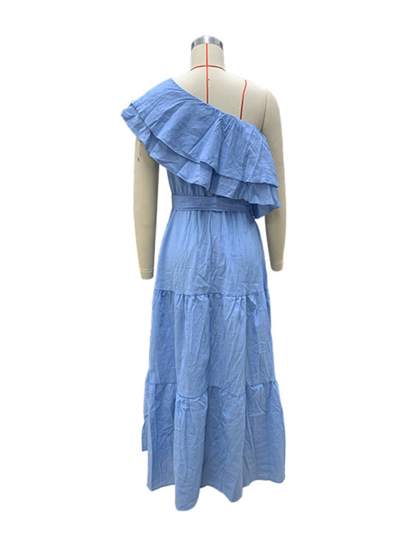 Off-Shoulder Linen Blend Dress with Ruffle Collar – Lightweight Summer Midi