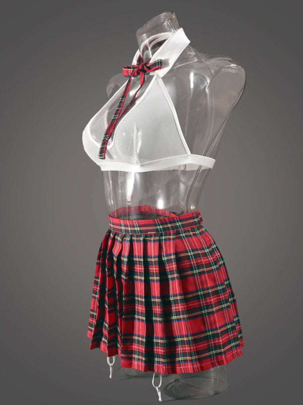 Plaid Pleated Roleplay Lingerie Set – Multi-Piece Sexy Costume with Skirt