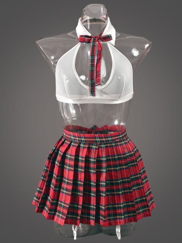Plaid Pleated Roleplay Lingerie Set – Multi-Piece Sexy Costume with Skirt