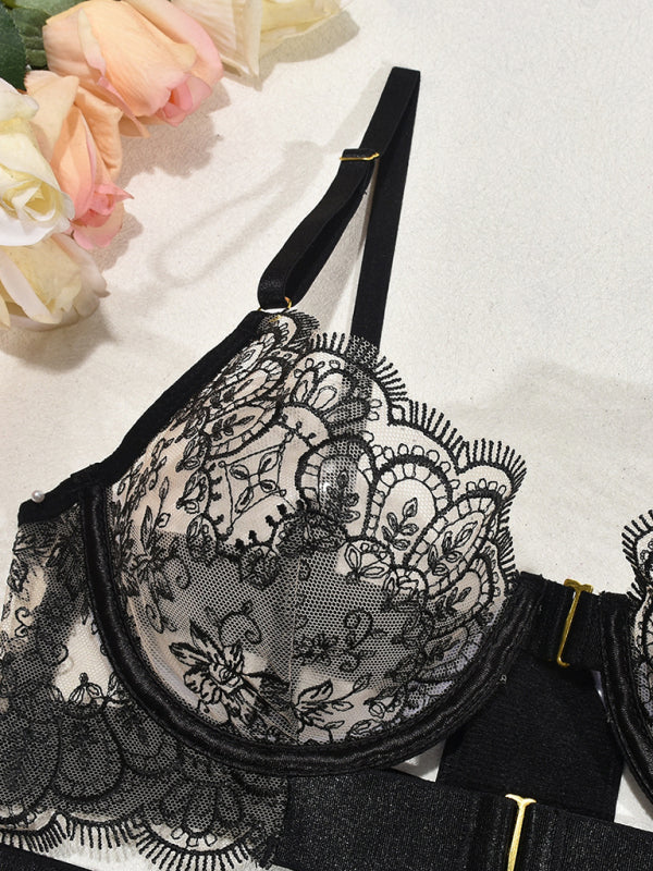 Embroidered Lace Lingerie 3-Piece Set – Sheer Bra, Panty & Garter Belt