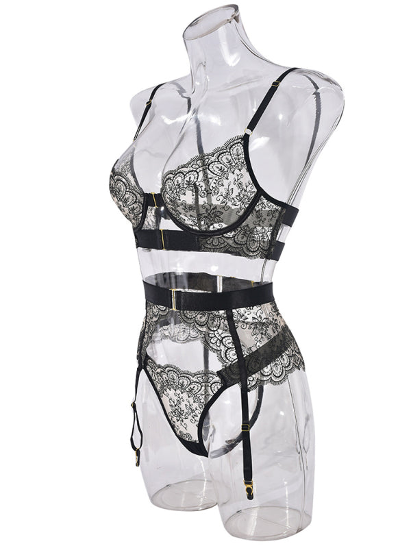 Embroidered Lace Lingerie 3-Piece Set – Sheer Bra, Panty & Garter Belt