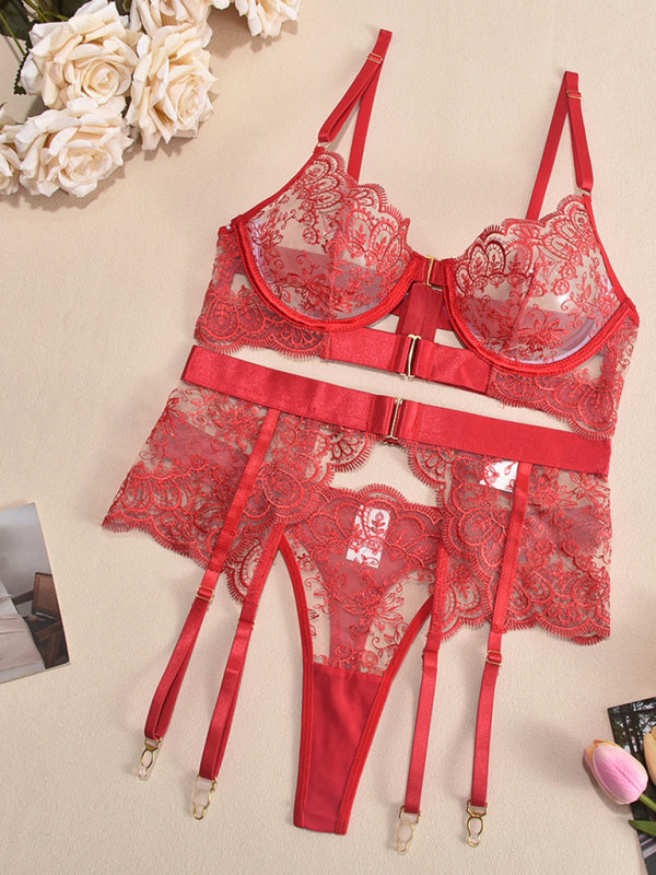 Embroidered Lace Lingerie 3-Piece Set – Sheer Bra, Panty & Garter Belt