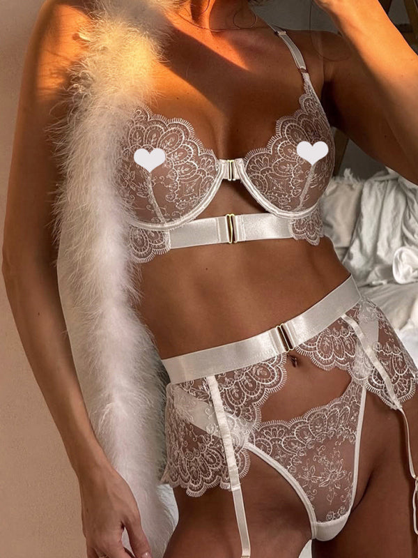 Embroidered Lace Lingerie 3-Piece Set – Sheer Bra, Panty & Garter Belt