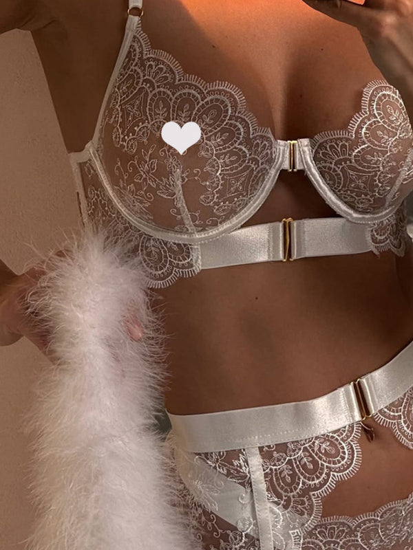 Embroidered Lace Lingerie 3-Piece Set – Sheer Bra, Panty & Garter Belt