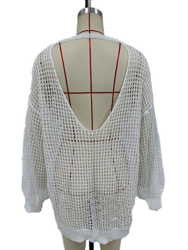 Backless Knitted Loose Beach Cover-Up – Lightweight & Sheer Resort Tunic