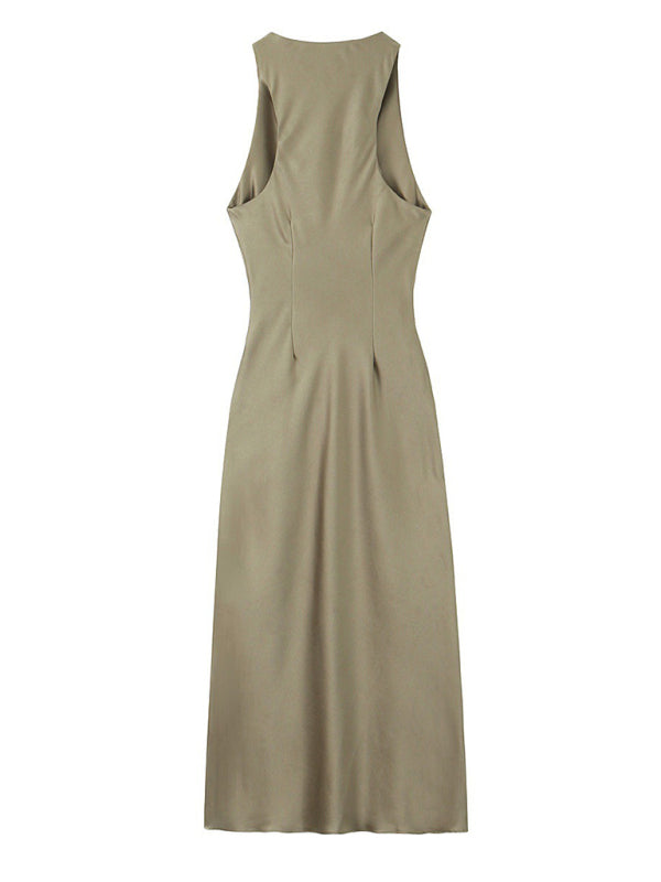 Elegant Slim Midi Dress – Sleeveless Woven Design for Spring & Summer Days