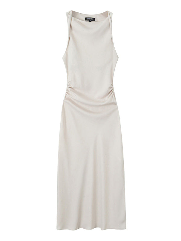 Elegant Slim Midi Dress – Sleeveless Woven Design for Spring & Summer Days