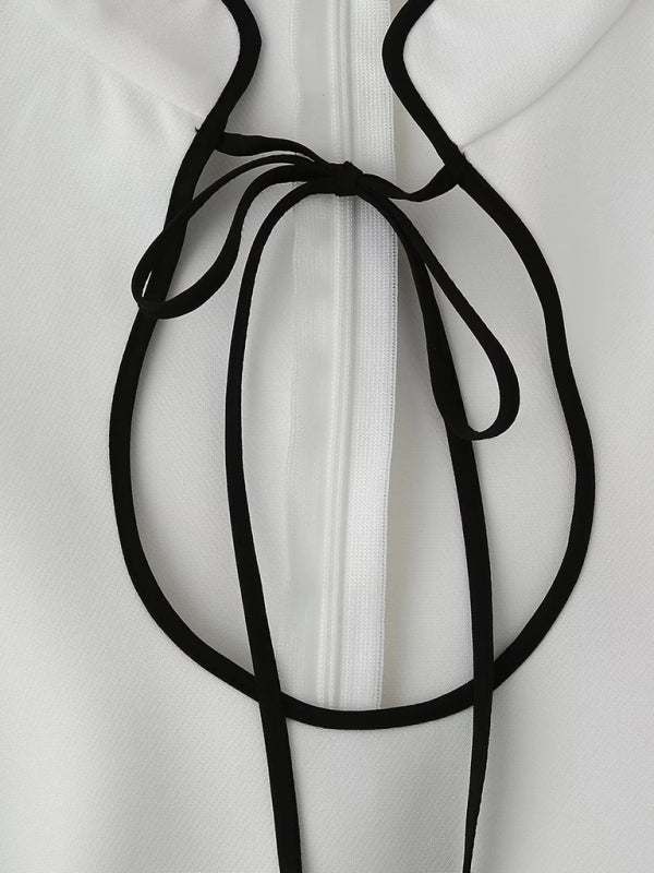 Romantic Long Sleeve Stand Collar Tie Dress – Elegant Spring-Summer Midi