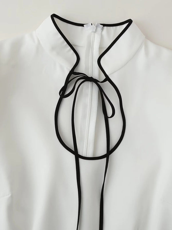 Romantic Long Sleeve Stand Collar Tie Dress – Elegant Spring-Summer Midi