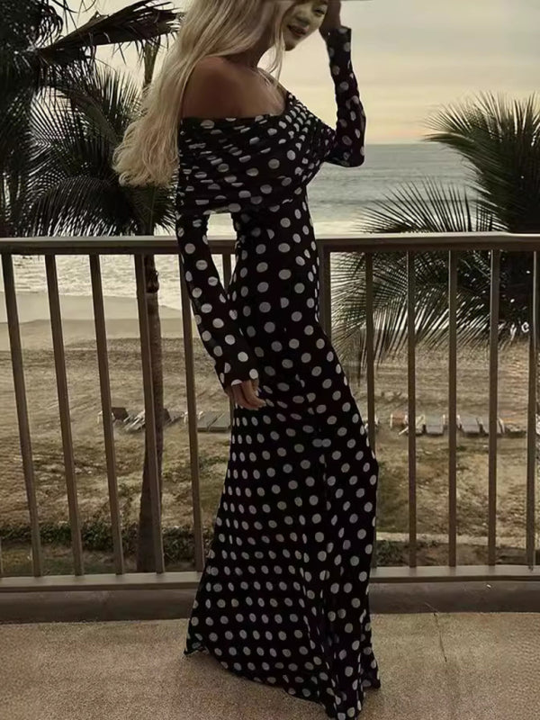 One-Shoulder Polka Dot Slim Dress – Sheer Gauze Sleeve & Romantic Fit