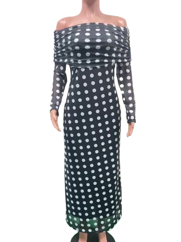 One-Shoulder Polka Dot Slim Dress – Sheer Gauze Sleeve & Romantic Fit