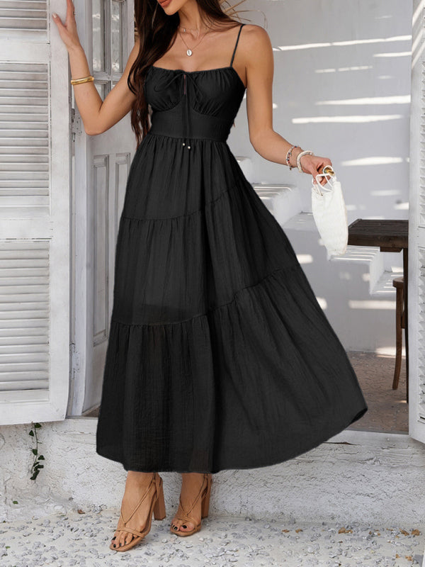 Solid Color High-Waist Midi Suspender Dress – Breathable Woven Fabric for Spring & Summer