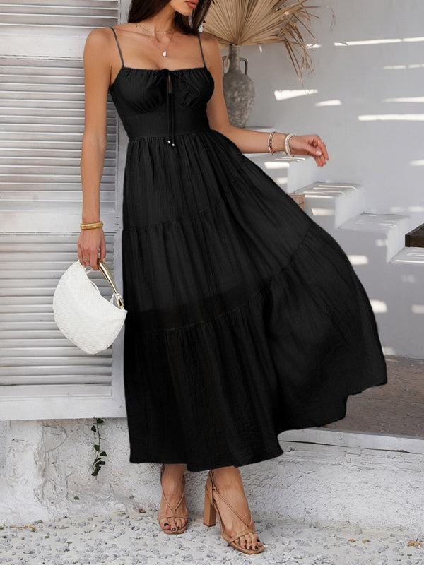 Solid Color High-Waist Midi Suspender Dress – Breathable Woven Fabric for Spring & Summer