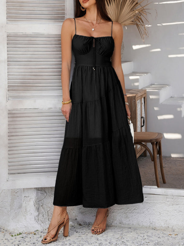Solid Color High-Waist Midi Suspender Dress – Breathable Woven Fabric for Spring & Summer