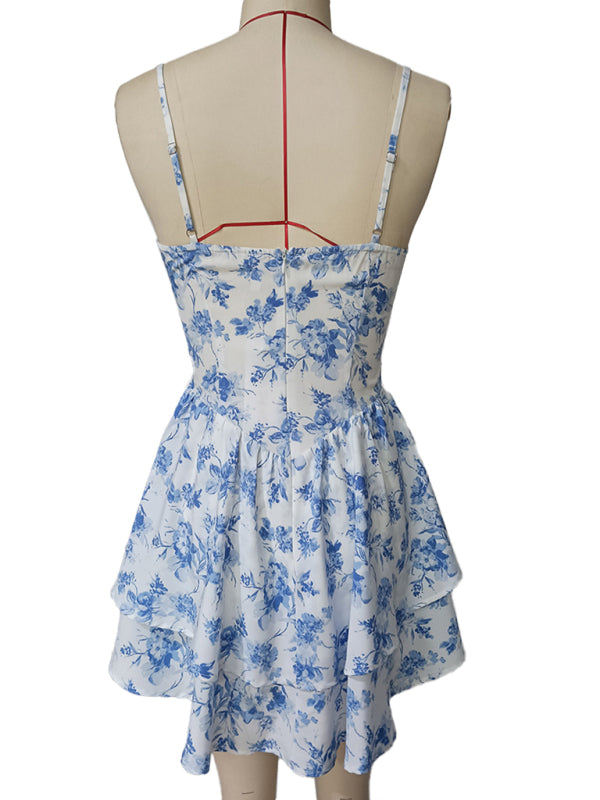 Romantic Printed Deep V Sleeveless Midi Dress – Strapless Tiered Skirt