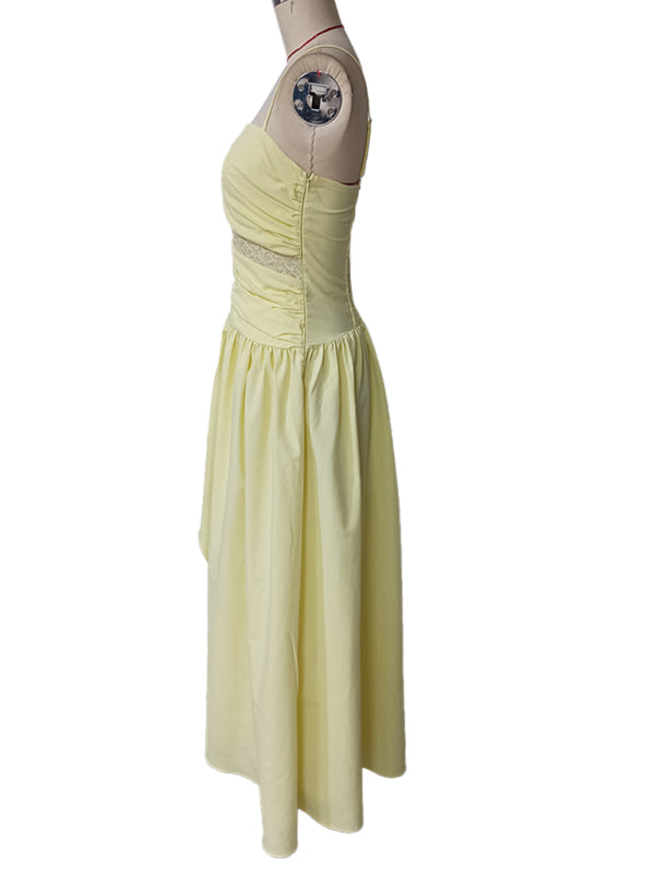 Yellow Mesh Suspender Midi Dress with Ruffle Hem – Romantic Spring Style
