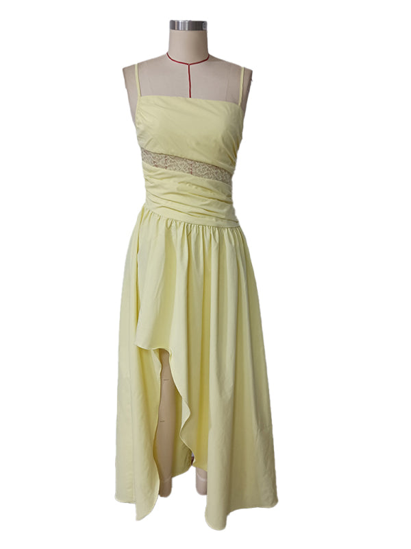 Yellow Mesh Suspender Midi Dress with Ruffle Hem – Romantic Spring Style
