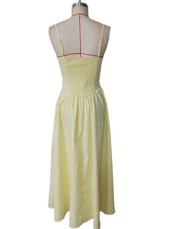 Yellow Mesh Suspender Midi Dress with Ruffle Hem – Romantic Spring Style