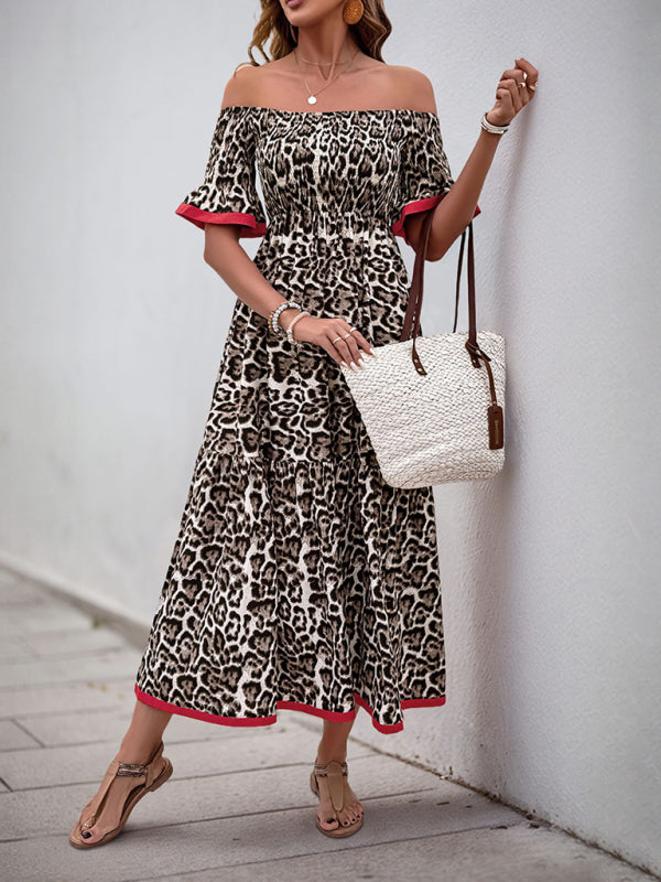 Leopard Print Midi Dress – One-Shoulder with Ruffled Sleeves